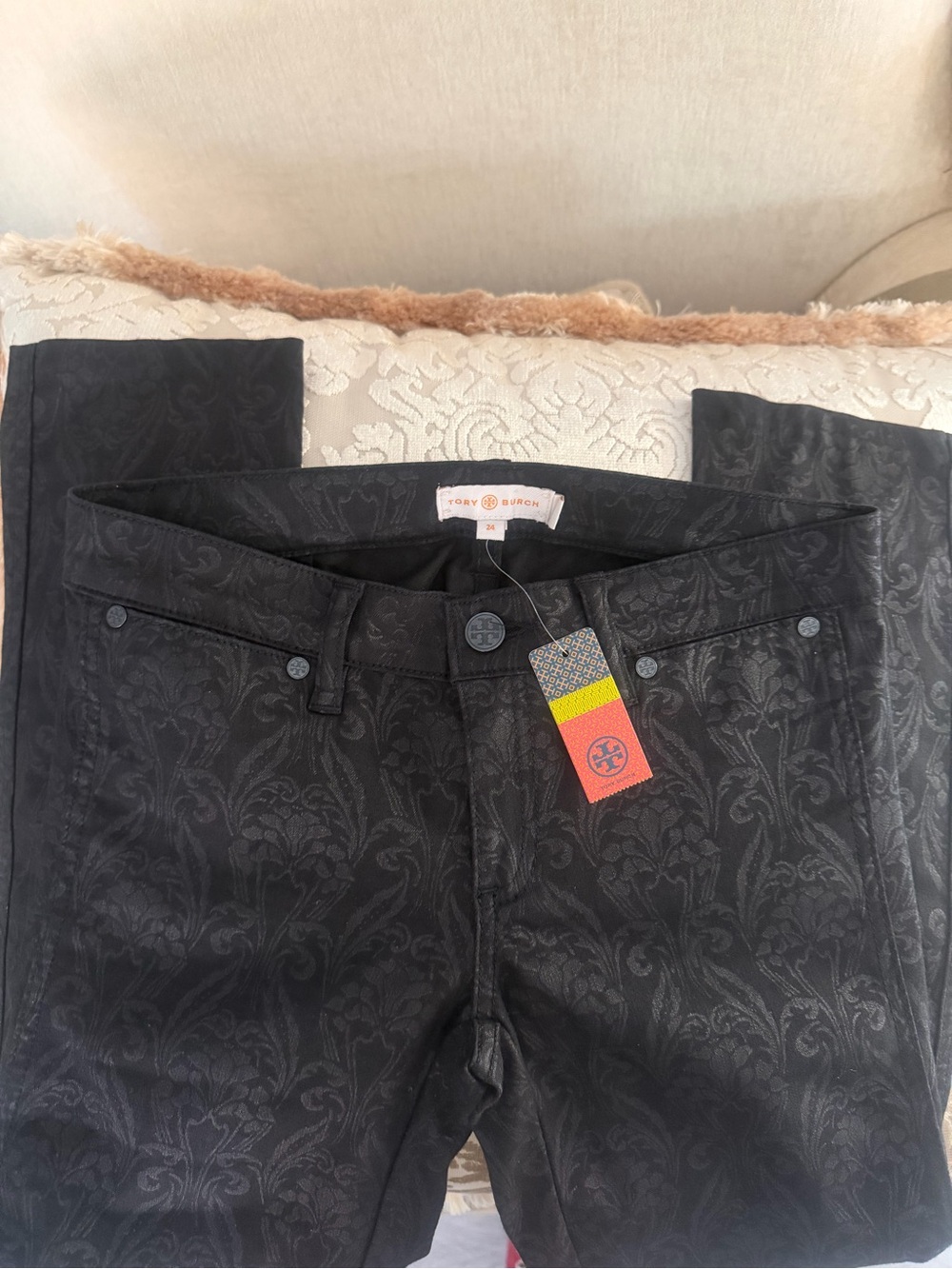 Tory Burch Black Lattice Floral Skinny Jeans